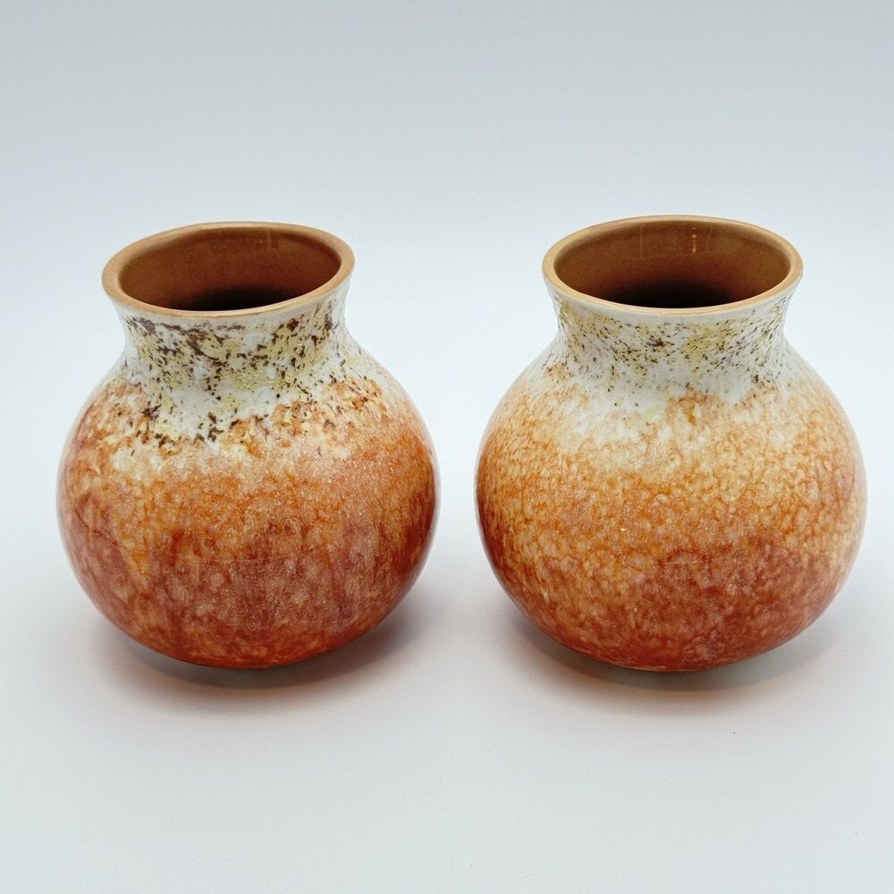 Vases Anthropologie Set 2 Ceramic Bud Orange Reactive Glaze Round 4”Home Decor